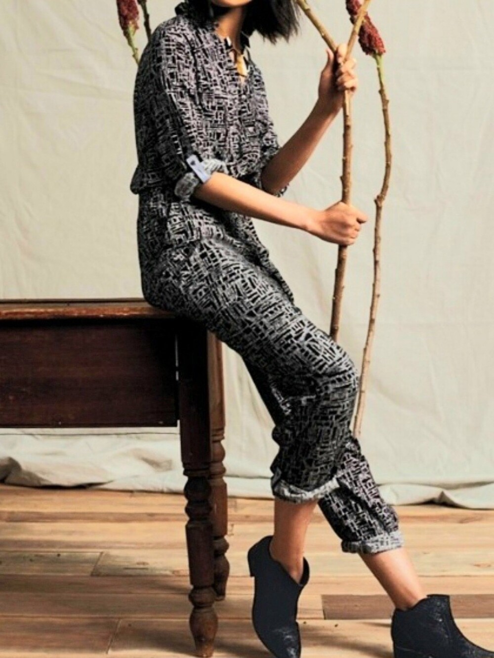 Anthropologie Lilka Atacama Jumpsuit Black Print Button Front Utility Sz Med